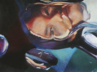 Selbstportr�t auf Wassertropfen 30x40cm Acryl auf Papier 2013